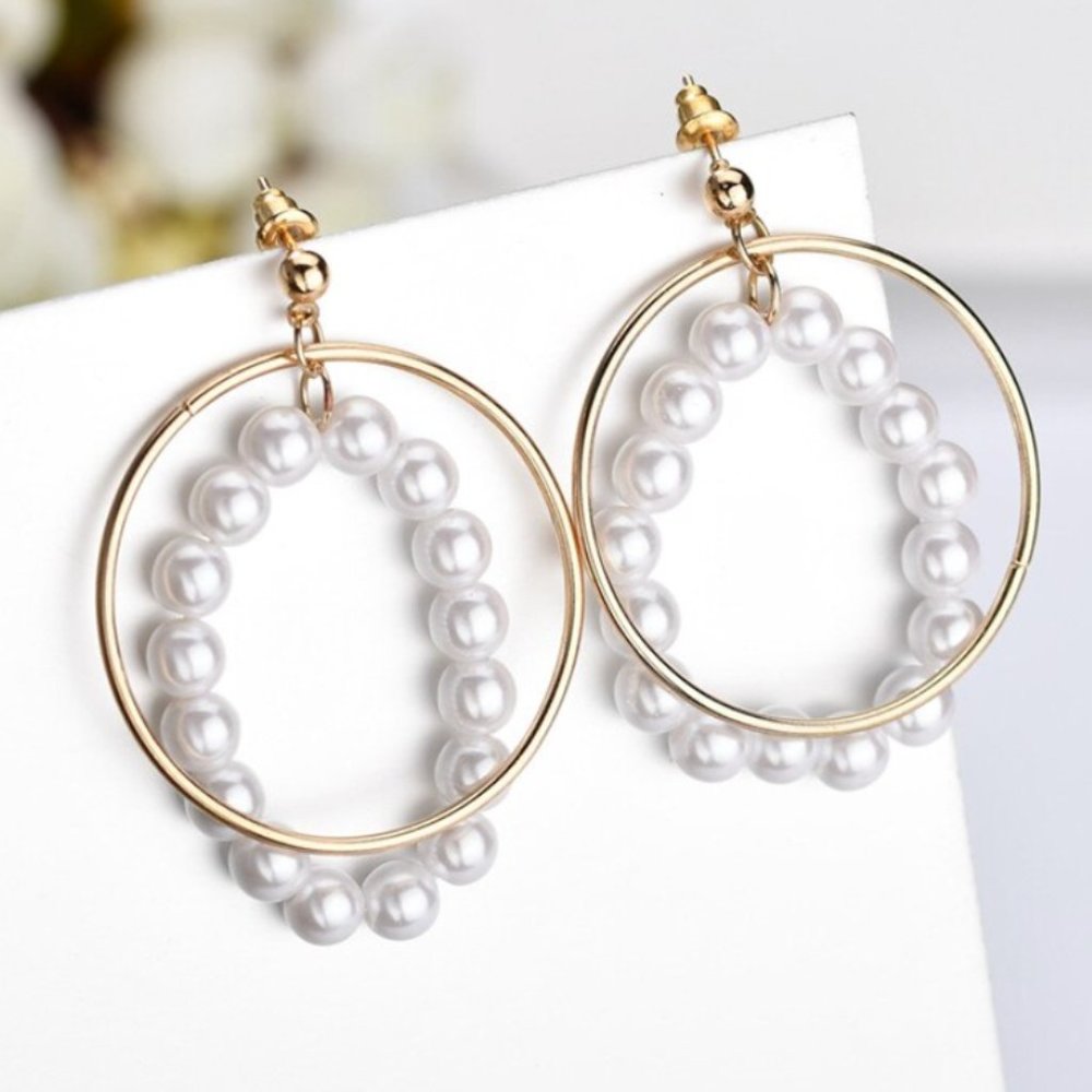 Gold White Pearl Round Drop Hoop Earrings